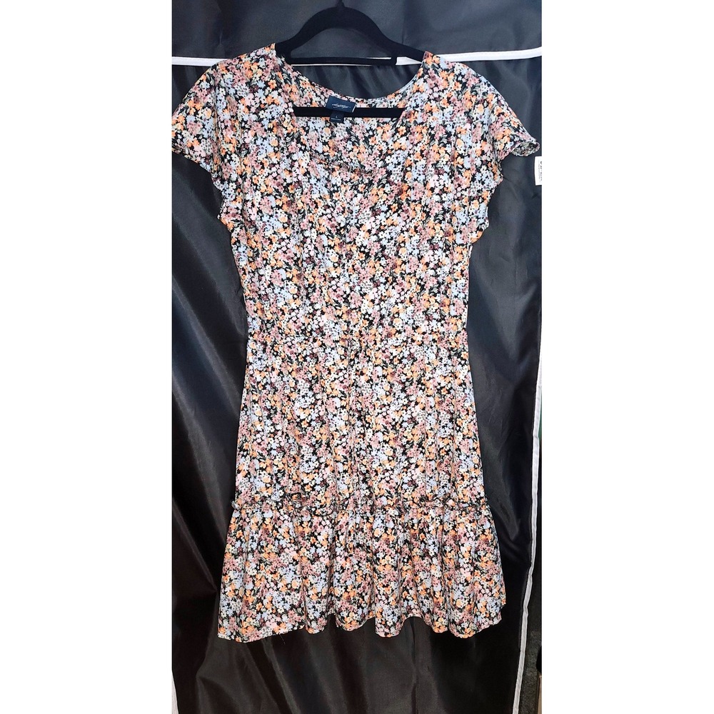 Daytrip Womens‎ Floral V-Neck Mini Dress Orange Pink Blue Ruffle Hem Size Large